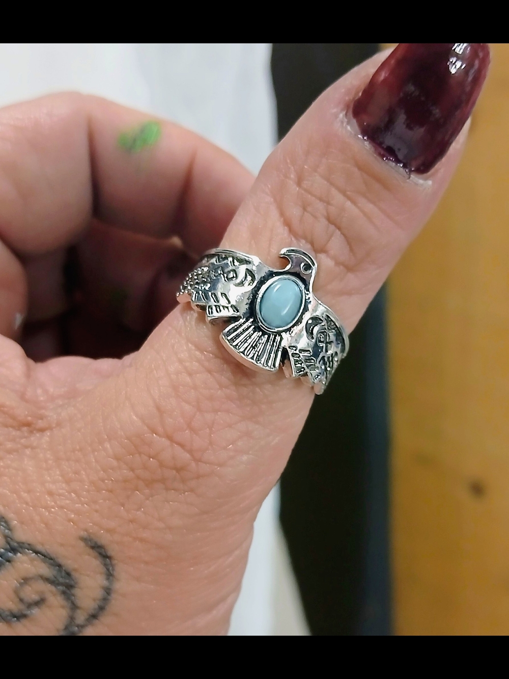 Silver Thunderbird Ring with Light Blue Stone